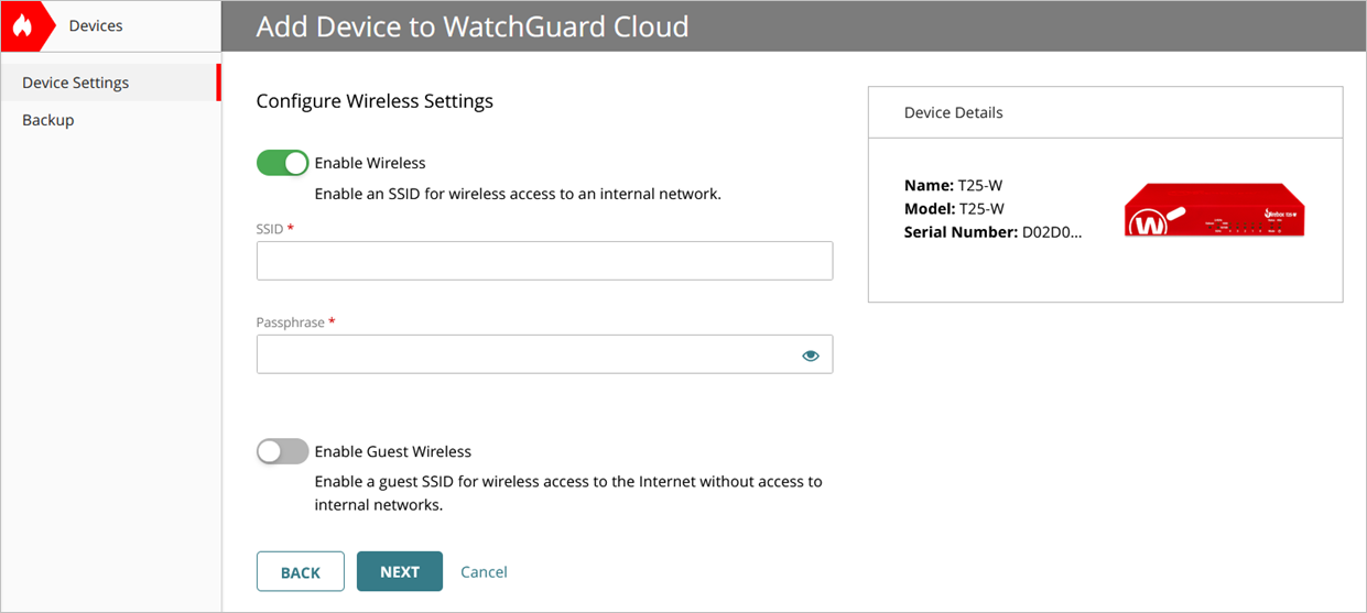 Screenshot of the Add Device wizard wireless setup page in WatchGuard Cloud