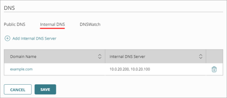Screen shot of the DNS settings, Internal DNS tab