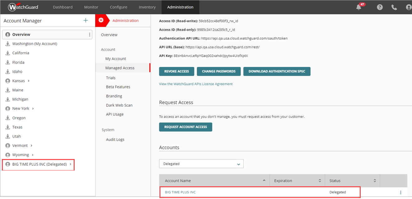Screen shot of WatchGuard Cloud, Managed Access, Delegated