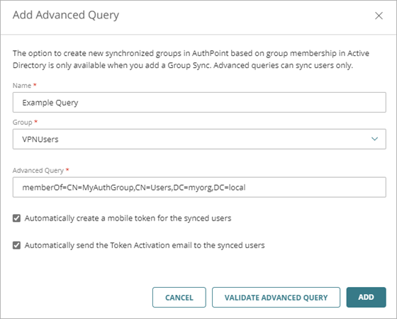 Screen shot that shows the Add Advanced Query window.