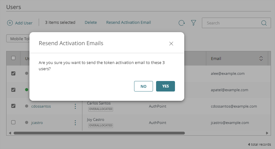 Screen shot that shows the Resend Activation Emails window.