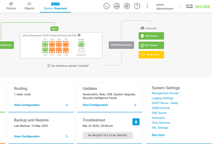 Screen shot of the Cisco Firepoer firewall settings
