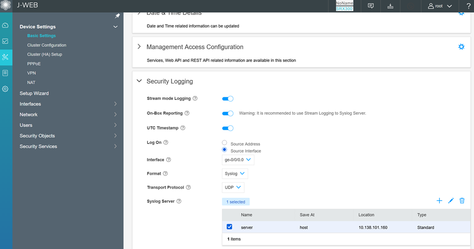 Screen shot of the Juniper firewall settings