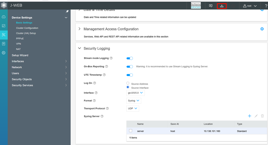 Screen shot of the Juniper firewall settings