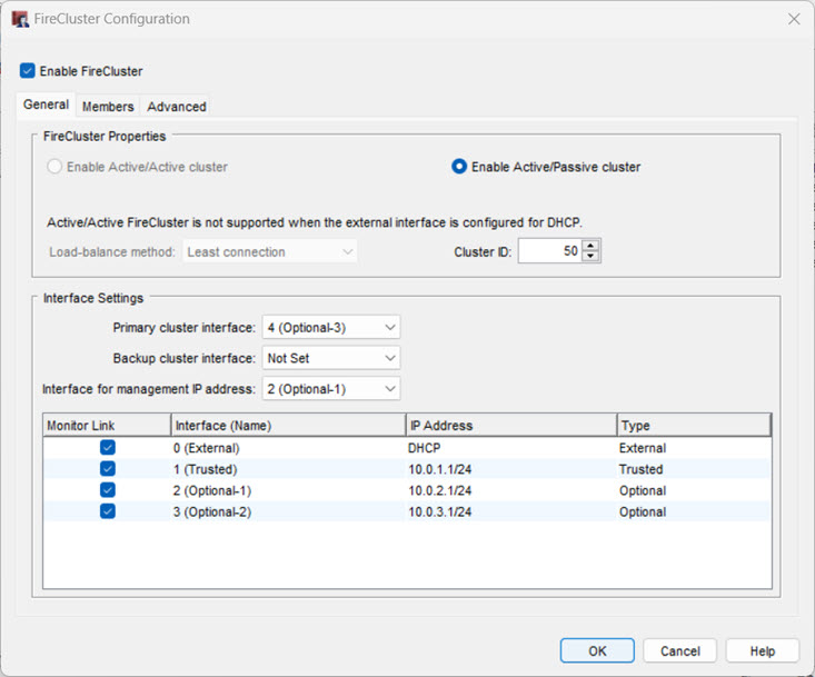 Screen shot of the FireCluster Configuration dialog box — General tab