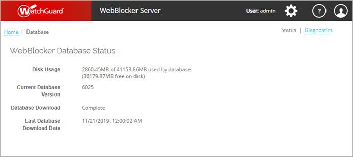 Screenshot of Database page Status tab.