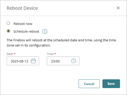Screenshot of the Reboot Device dialog box with Schedule Reboot selected