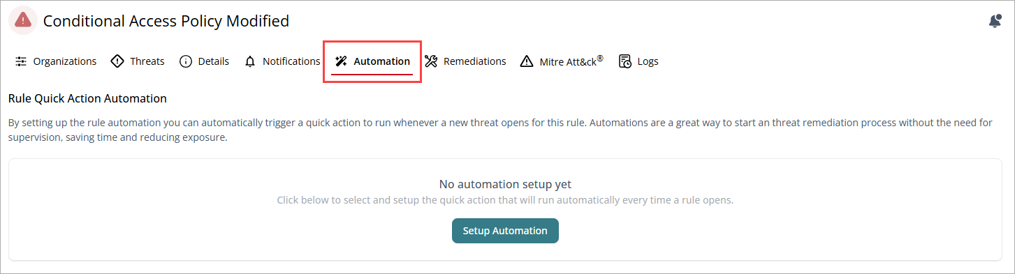 Screen shot of threat details pages, Automation tab in CloudDR