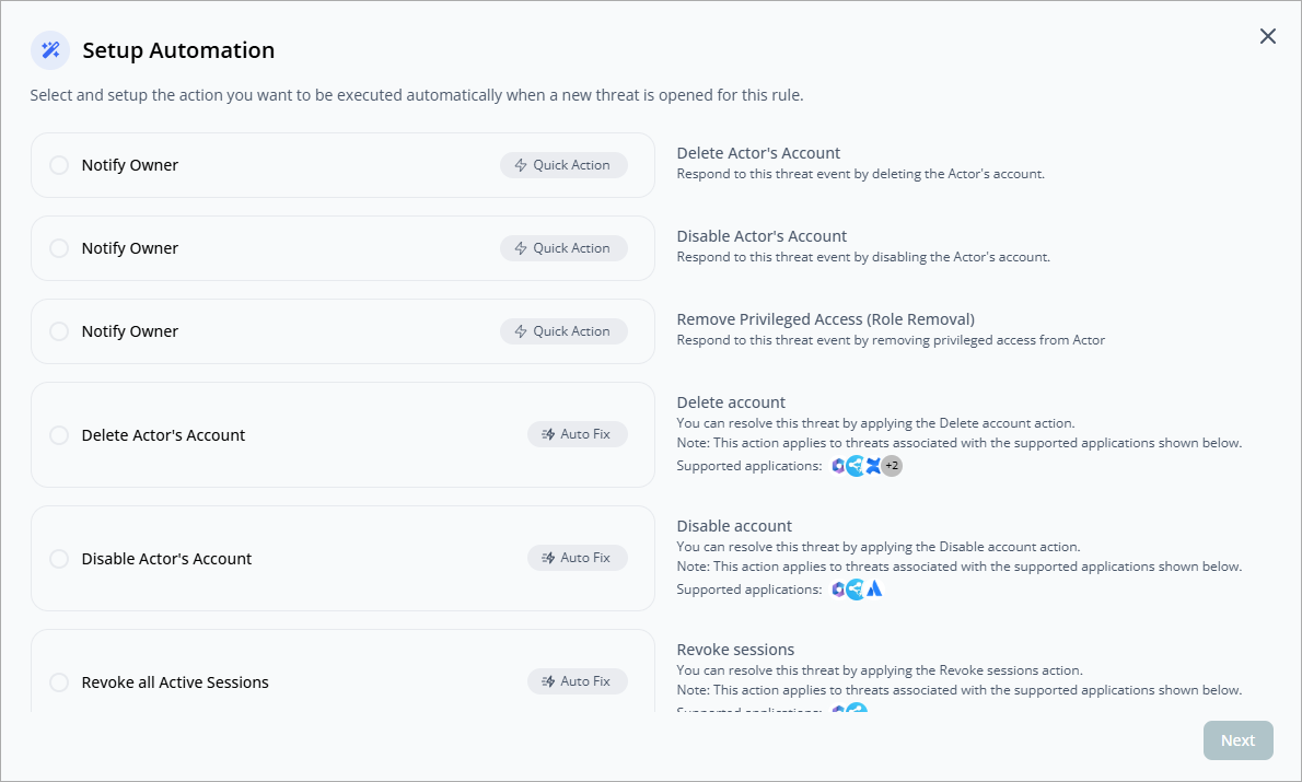 Screen shot of Setup Automation page for threats in CloudDR