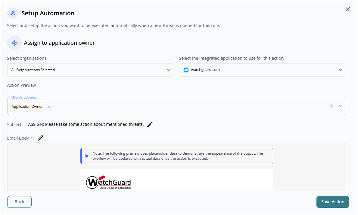 Screen shot of Setup Automation page for threats in CloudDR