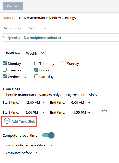 Screen shot of Endpoint Security, Settings, Maintenance Windows time slots