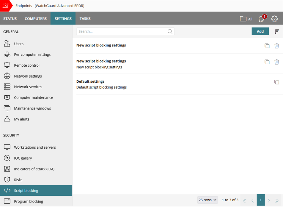 Screenshot of the Script Blocking page
