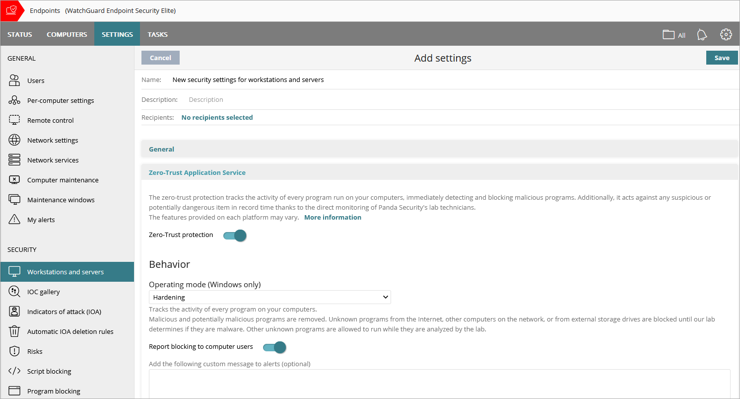 Screen shot of WatchGuard Endpoint Security, Zero-Trust Application Service settings
