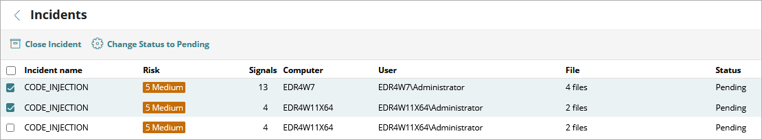 Screen shot of Incidents list, Endpoint Security, change to closed