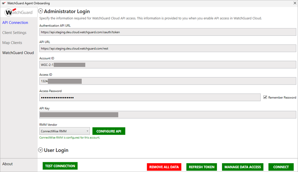 Screenshot of the Administrator Login page in the WatchGuard Agent Onboarding application.