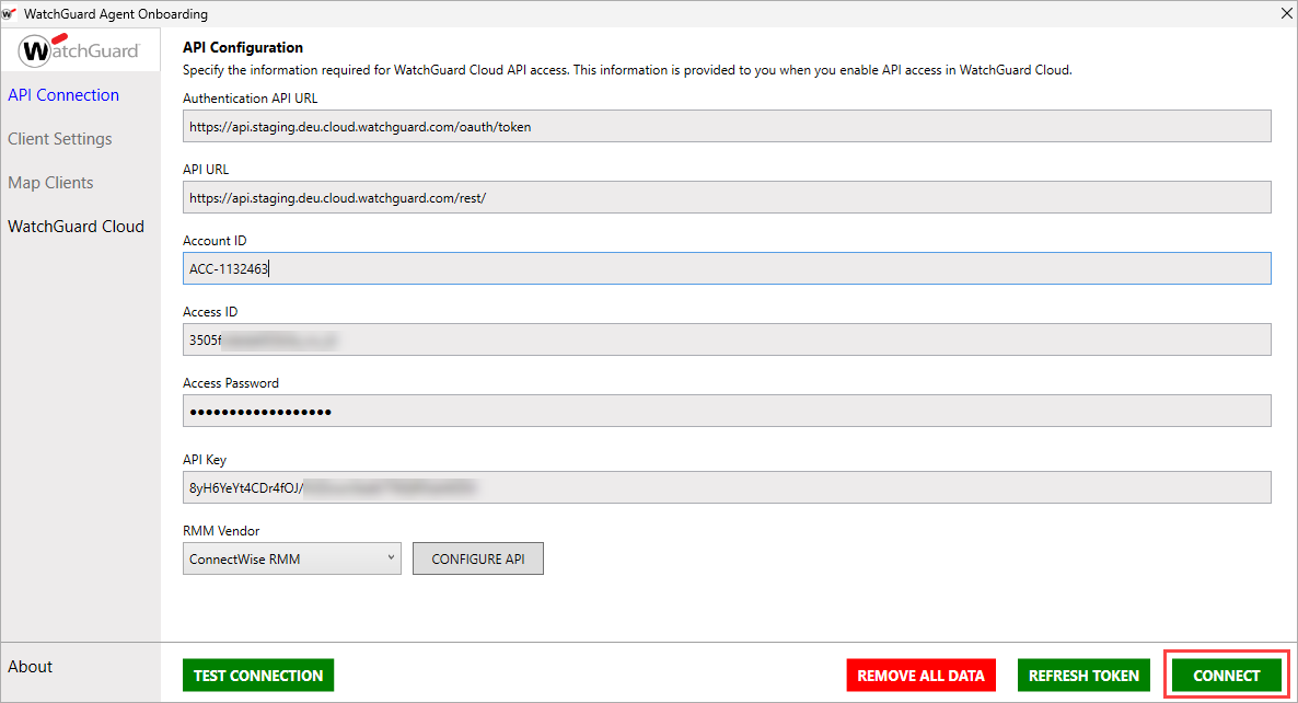 Screen shot of WatchGuard Agent Onboarding application, API Configuration page