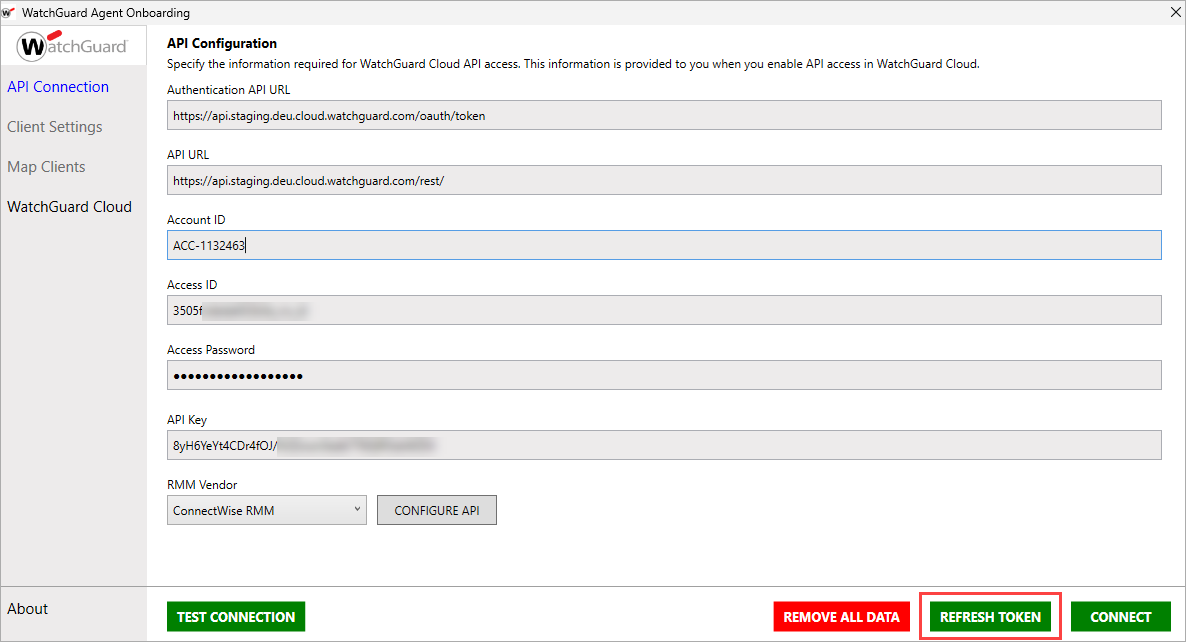 Screen shot of WatchGuard Agent Onboarding application, API Configuration page
