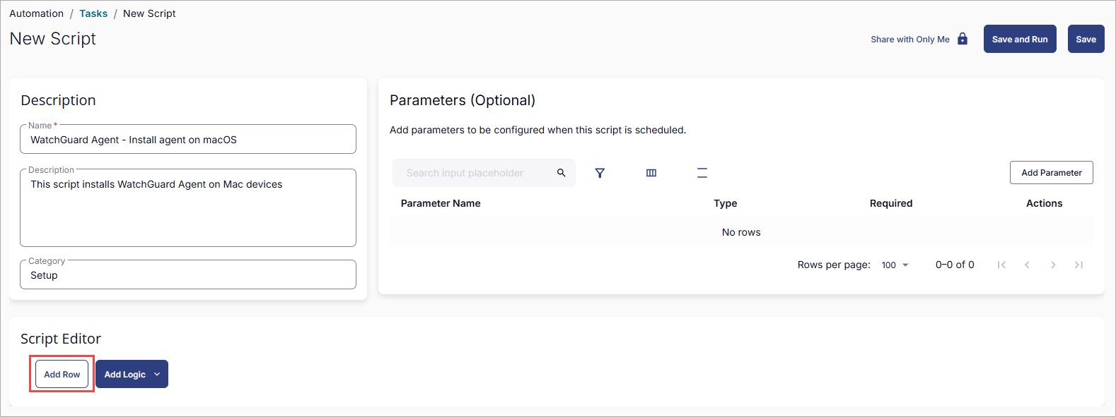 Screen shot of ConnectWise RMM, Script Editor page