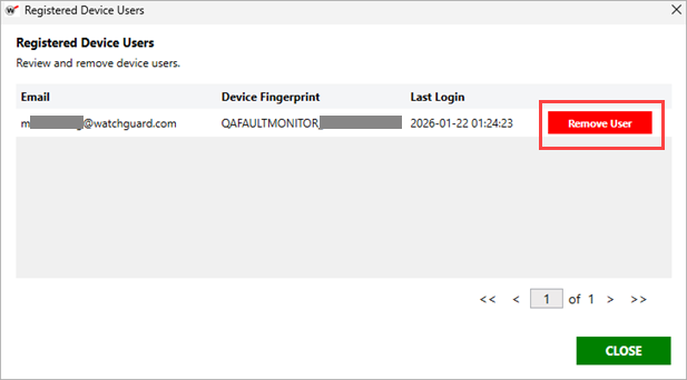Screenshot of the Registered Device Users window, Remove User button highlighted.