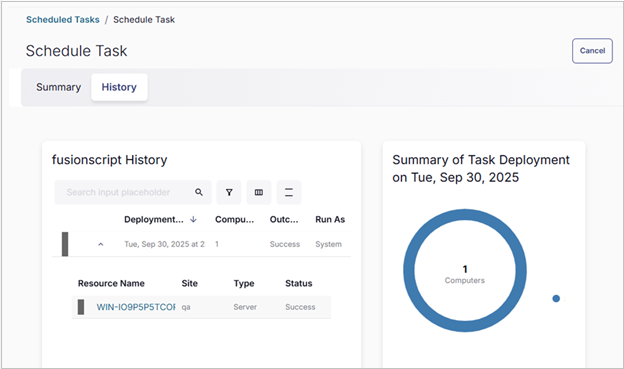 Screen shot of ConnectWise RMM, Schedule Task history page