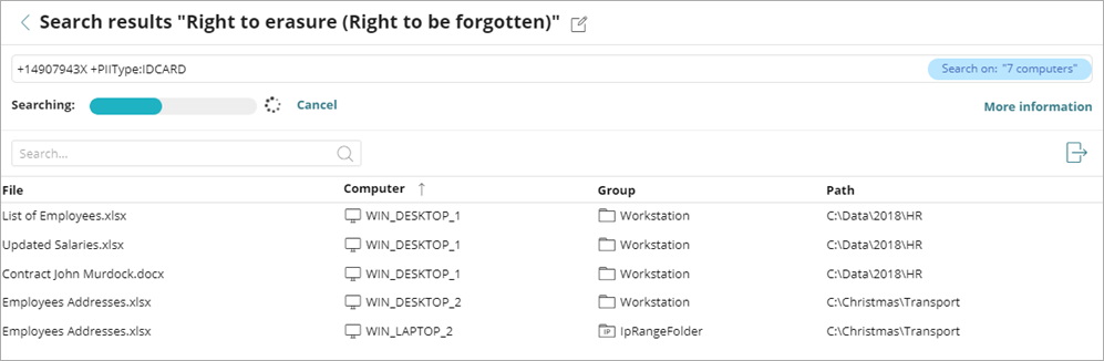 Screen shot of WatchGuard EPDR, Data Control search results