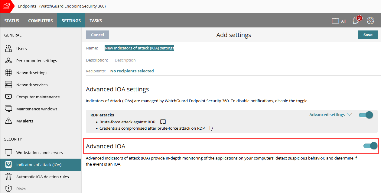 Screen shot of IOA settings profile