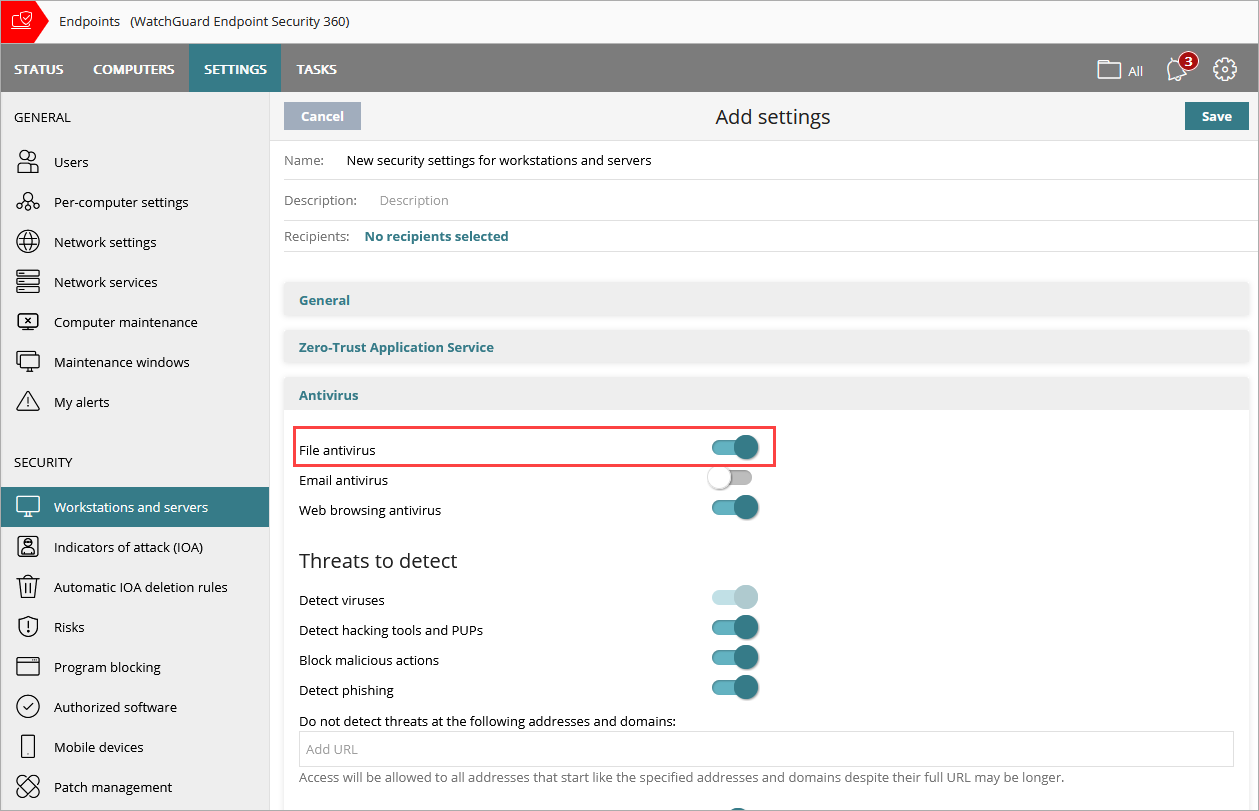 Screen shot of Antivirus section of Workstations and Servers settings profile