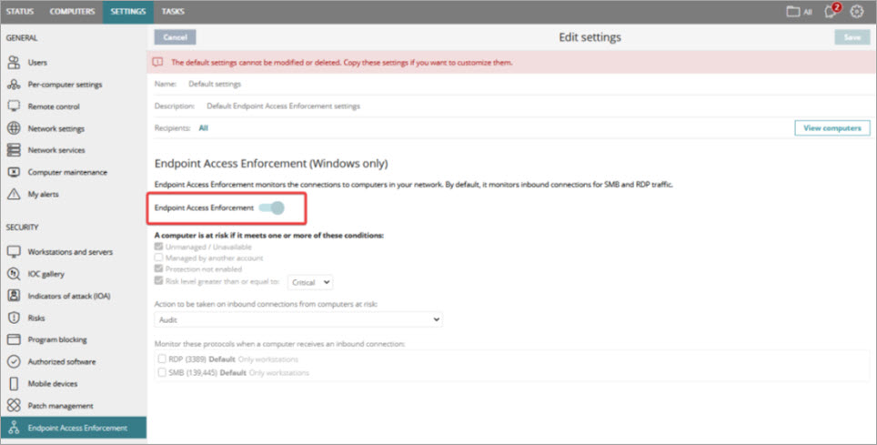 Screen shot of how to disable Enable Access Enforcement