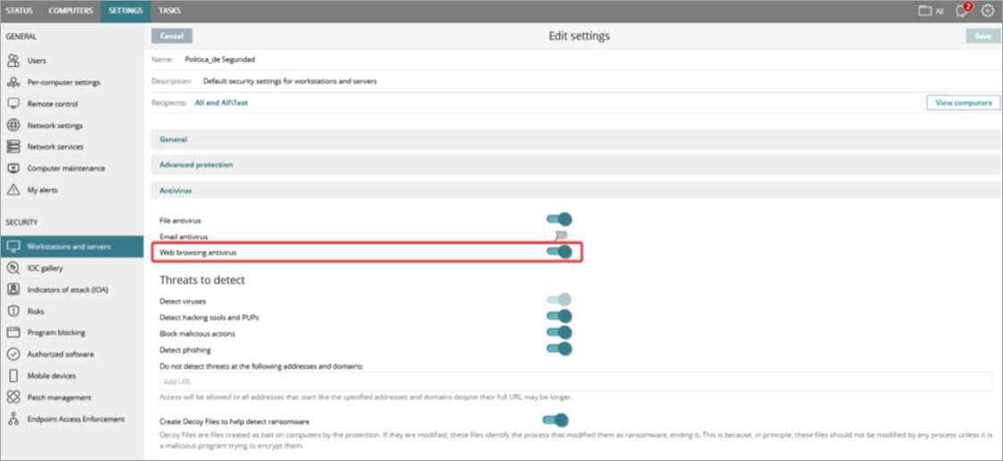 Screen shot of how to enable Web Browsing Antivirus