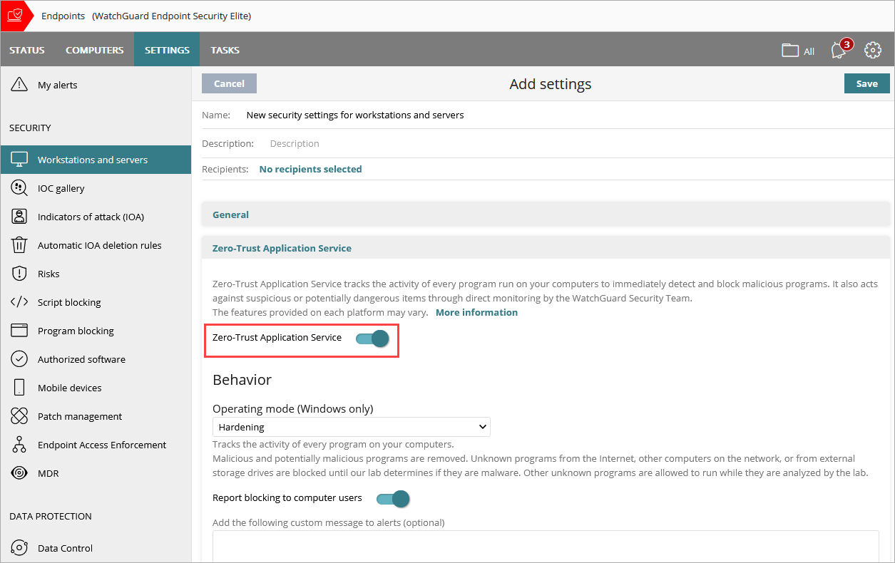 Screen shot of Zero-Trust Application Service settings