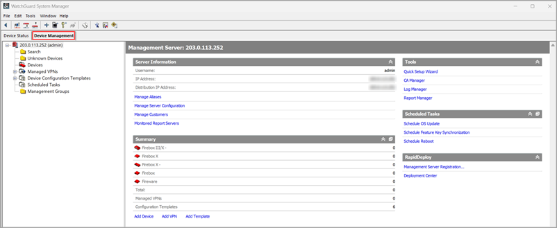 Screenshot of the Device Management tab in WatchGuard Management Server, from WSM