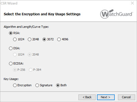 Screenshot of the Certificate Request Wizard, specify algorithm, key length, and key usage screen