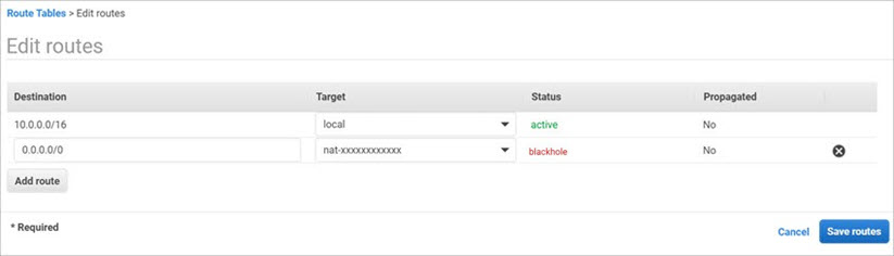Screen shot of the Routes for a private network with Black Hole status