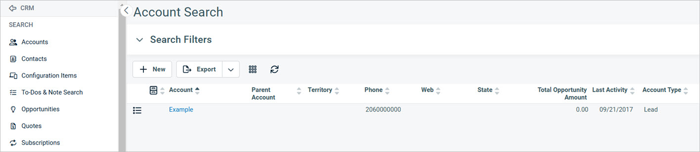 Screen shot of the Autotask Account Search page
