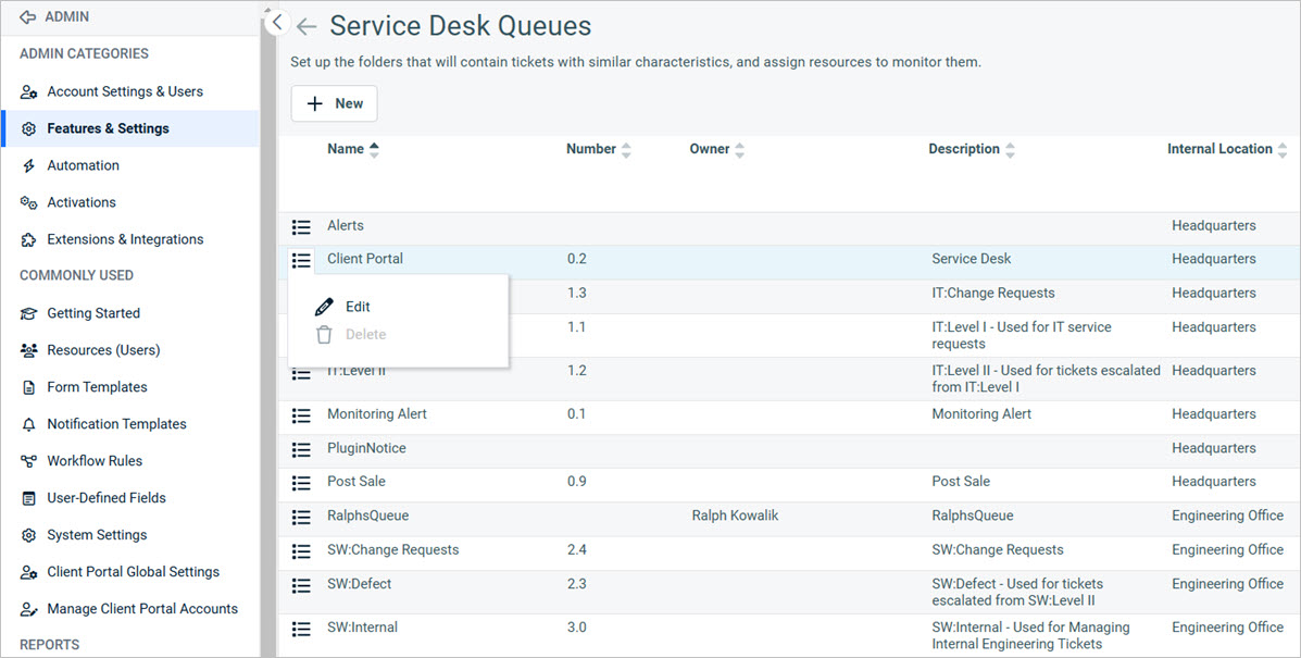 Screen shot of the service desk queues in Autotask