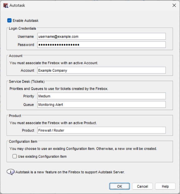 Screen shot of Autotask setup dialog box