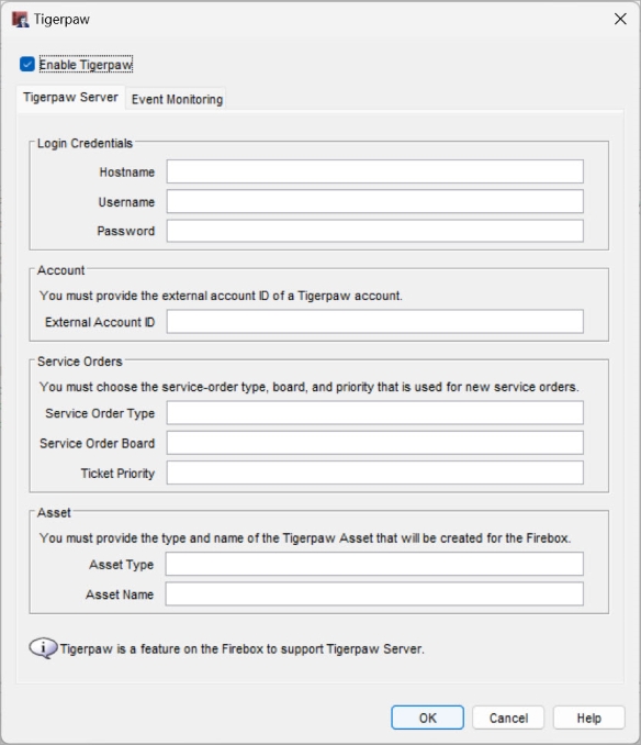 Screen shot of the Tigerpaw configuration page