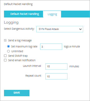 Screenshot of default packet handling logging