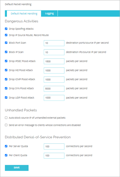 Screen shot of the Default Packet Handling page