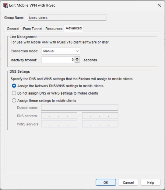 Screen shot of DNS settings for Mobile VPN with IPSec