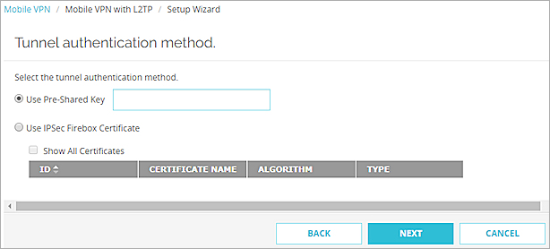 Screen shot of the Mobile VPN with L2TP Setup Wizard, tunnel authentication method page