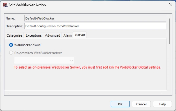 Screen shot of the WebBlocker Configuration dialog box, Servers tab