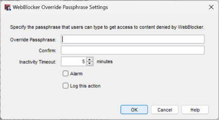 Screen shot of the WebBlocker Override Passphrase Settings dialog box