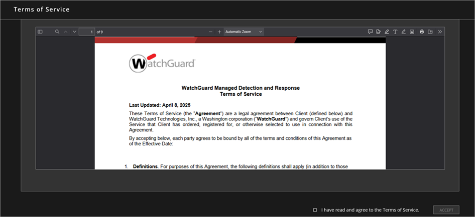 Screen shot of the WatchGuard Managed Detection and Response Terms of Service  page