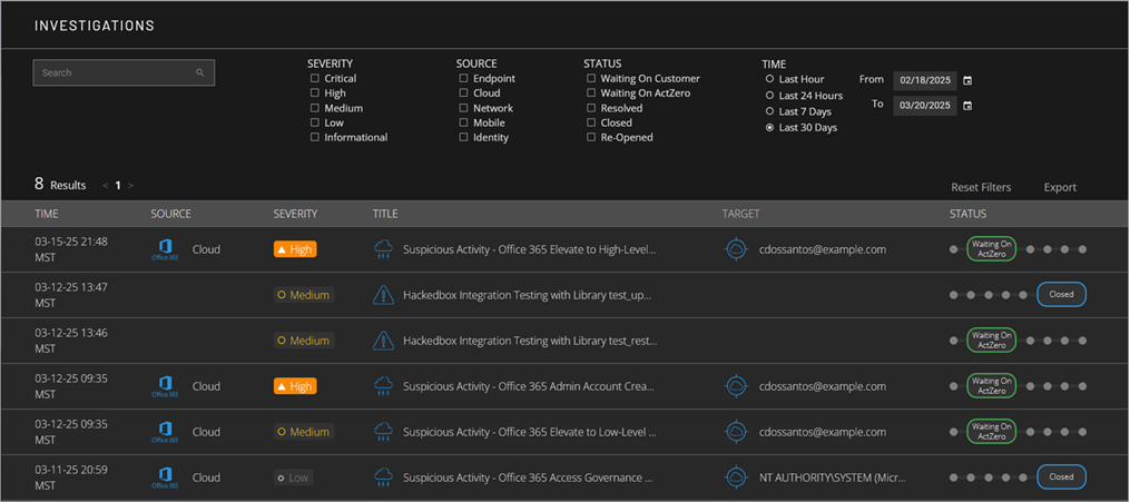 Screen shot of MDR portal Investigations page