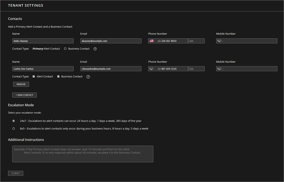 Screen shot of the MDR portal Onboarding Tenant Settings page