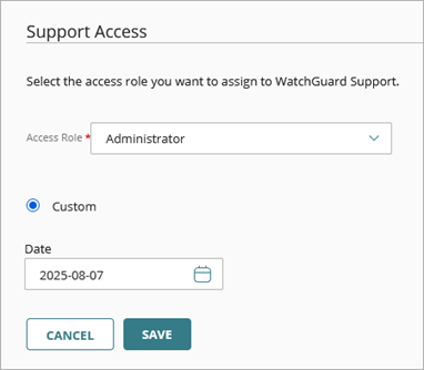 Screen shot of WatchGuard Cloud, Enable Support Access expiration date