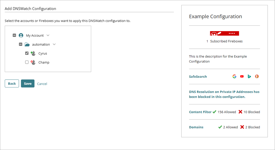 Screenshot of the select accounts and Fireboxes page in the Add DNSWatch Configuration wizard.