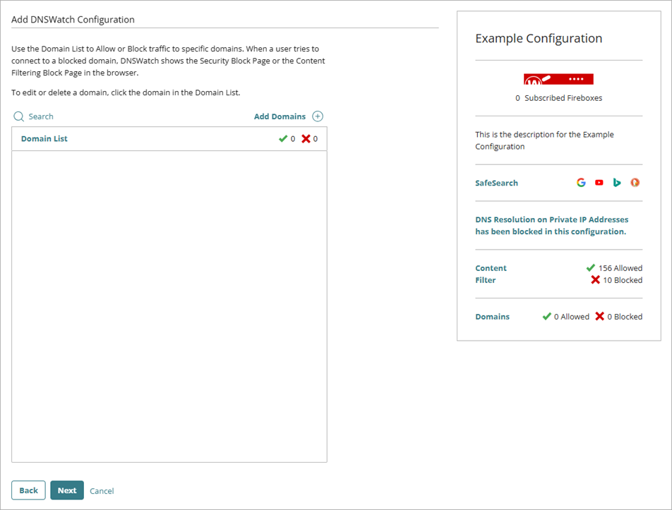 Screenshot of the Domains List page of the Add DNSWatch Configuration wizard.