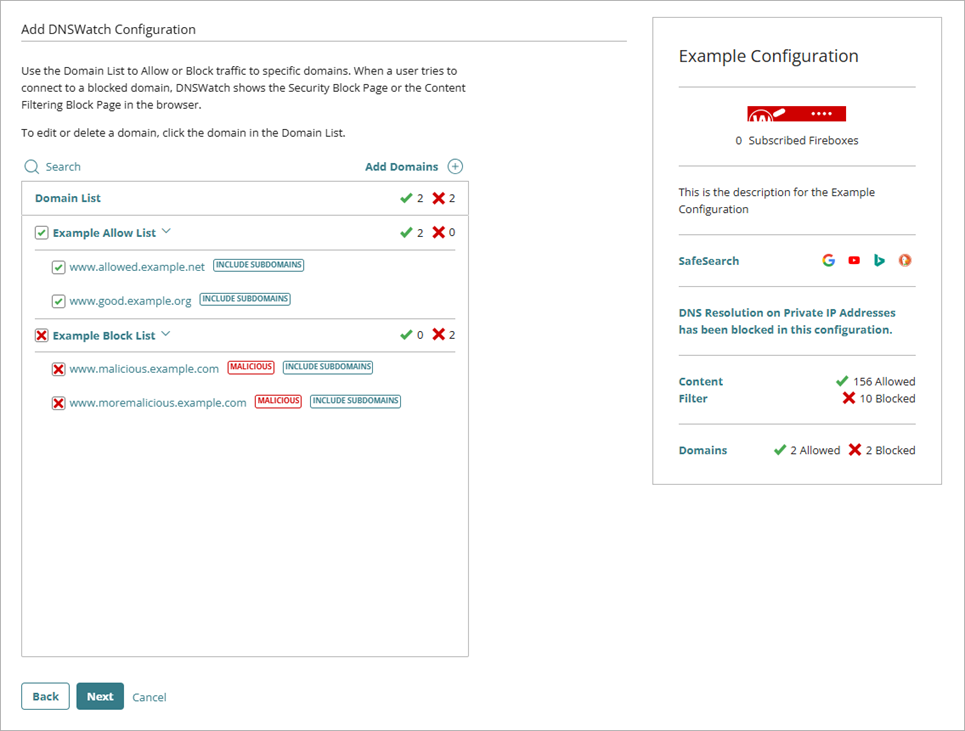 Screenshot of the Domains list page in the Add DNSWatch Configuration wizard with domains added to the list.